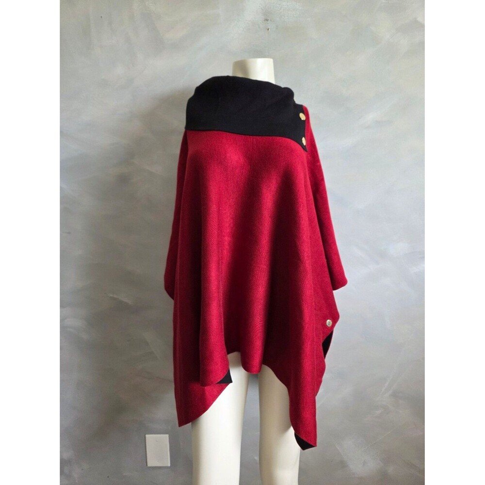 Anne Klein Womens Split Collar Double Face Poncho Sweater Red Black S NWT